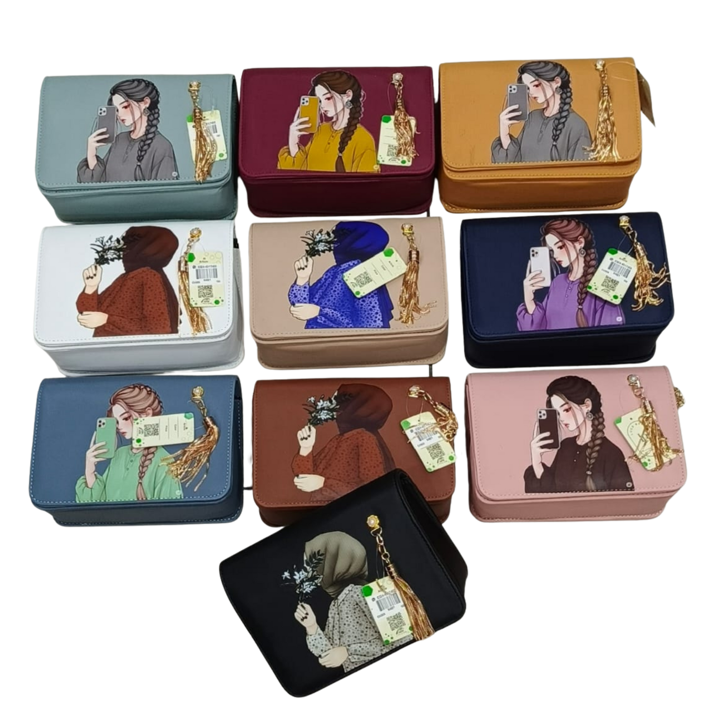 The 'Selfie Chic' Collection: Illustrated Messenger Bags with Tassel Charm