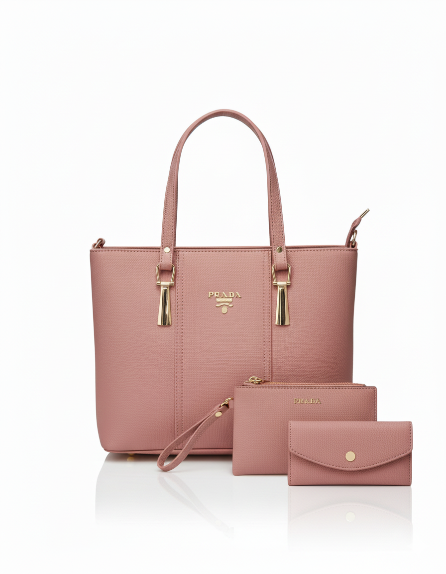 The PRADA Inspired Elegance Collection: 3-in-1 Structured Tote Set with Matching Pouch & Wallet"