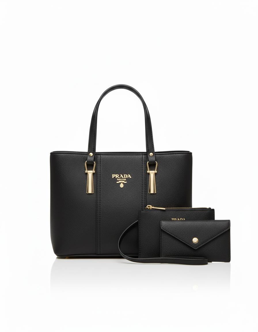 The PRADA Inspired Elegance Collection: 3-in-1 Structured Tote Set with Matching Pouch & Wallet"