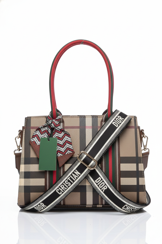 Stylish Plaid Tote with Colorful Strap
