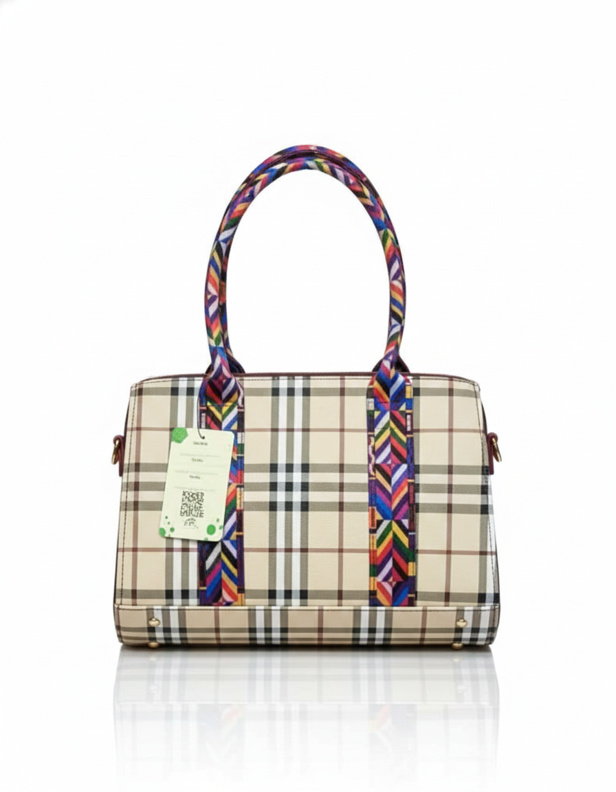 Stylish Plaid Tote with Colorful Strap