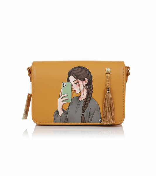 The 'Selfie Chic' Collection: Illustrated Messenger Bags with Tassel Charm