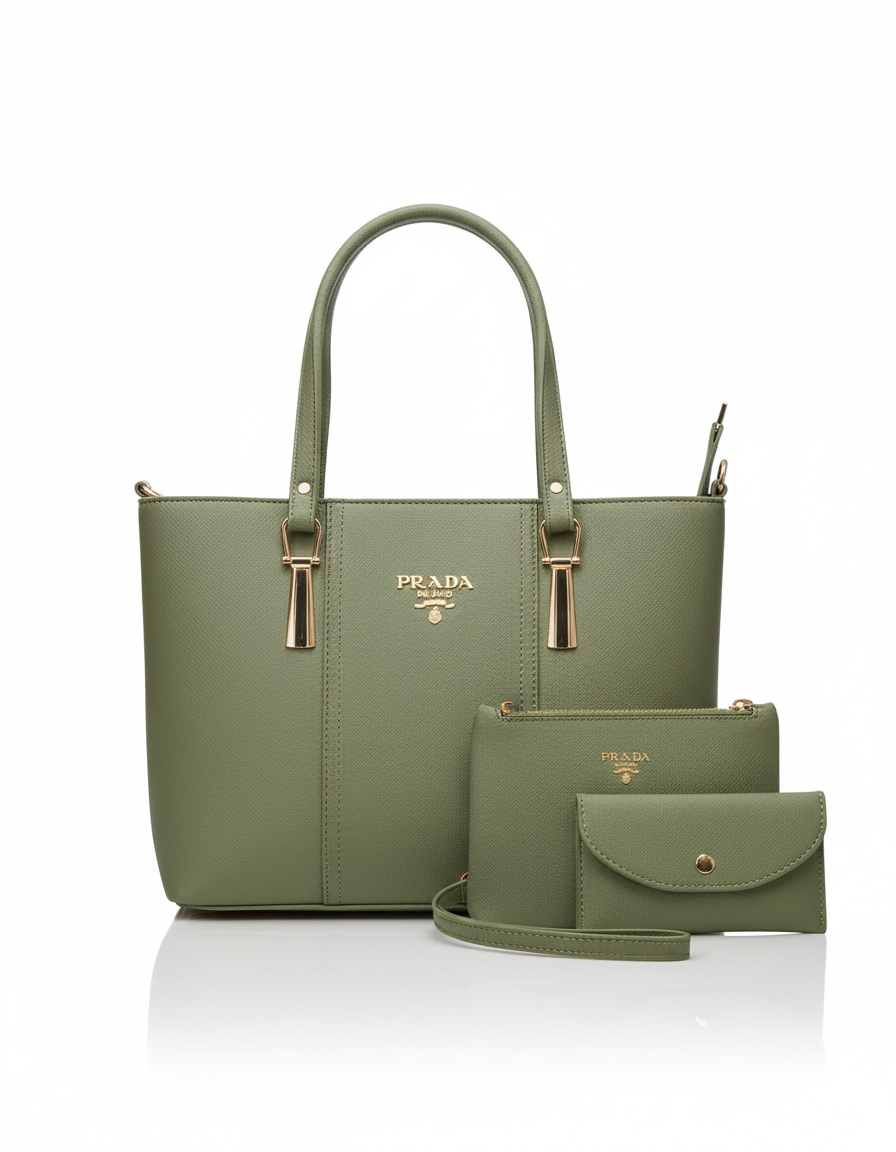 The PRADA Inspired Elegance Collection: 3-in-1 Structured Tote Set with Matching Pouch & Wallet"