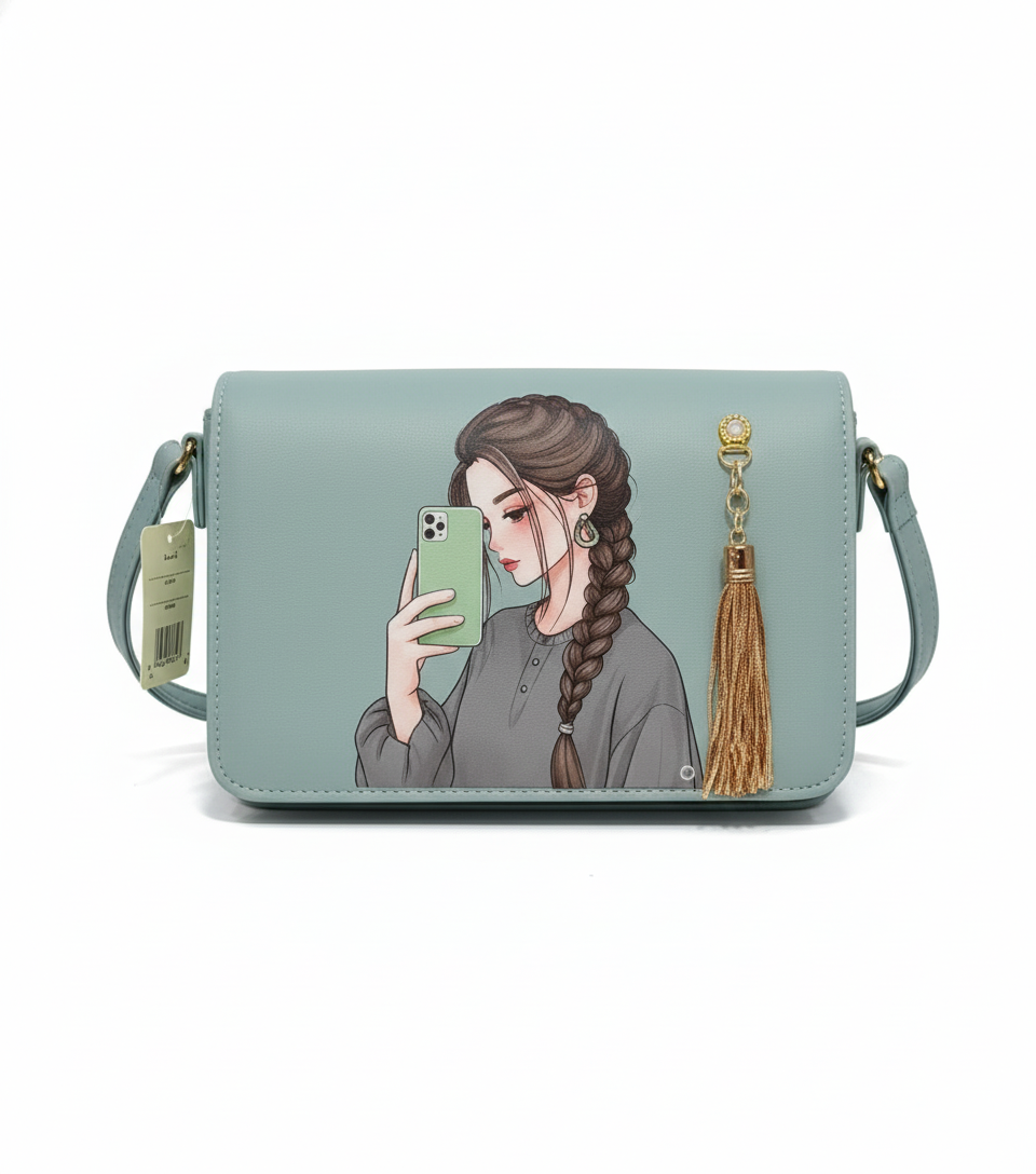 The 'Selfie Chic' Collection: Illustrated Messenger Bags with Tassel Charm